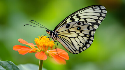 Obraz premium Beautiful butterfly feeding on vibrant orange flower in garden