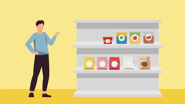 stocking dry food at home. Preparation for 7 days without electricity concept. Full length animation illustration. High quality&nbsp;4k&nbsp;footage