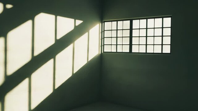 Sunlight casting strong geometric shadows from a window frame onto the textured wall and concrete floor, creating a minimalist and abstract play of light