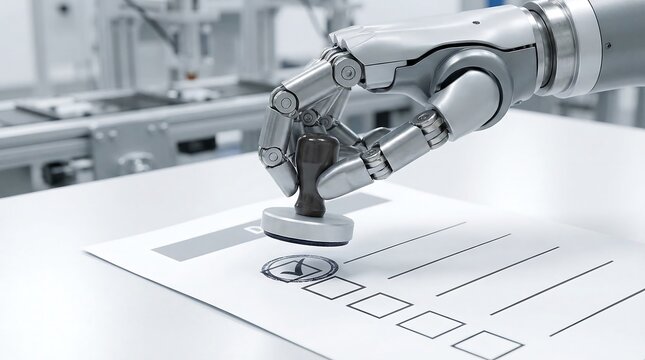 Robotic hand using stamp on ballot paper for vote. Concept of artificial intelligence automation in election process