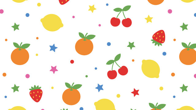 A colorful pattern of cartoon fruits and stars on a white background