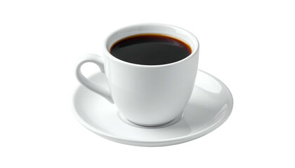 Obraz premium White ceramic coffee cup filled with dark, steaming coffee, resting on a matching saucer