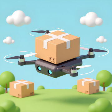 3D Isometric Delivery Drone Carrying Package Fast Shipping.