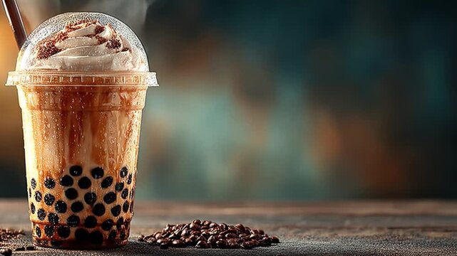Delicious boba drink with whipped cream on wooden surface