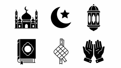 Fototapeta premium Islamic Icons Collection Mosque, Moon, Star, Lantern, Quran, Ketupat, and Praying Hands