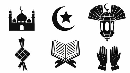 Fototapeta premium Islamic Collection Mosque, Crescent Moon, Star, Lantern, Quran, Prayer Hands, and Diamond Fruit Icon Set