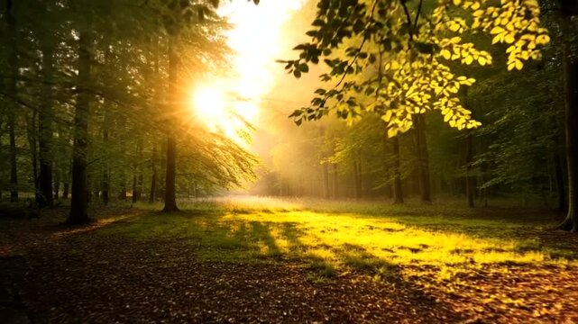 Serene Sunlight Filtering Through Forest Trees