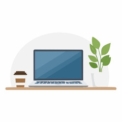 Minimalist Modern Office Workspace Flat Vector Illustration With Laptop, Coffee and Desk Items