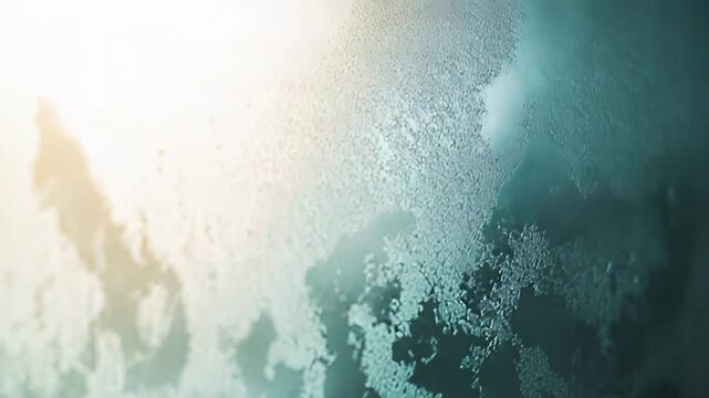 Cold ice texture covering a frosted surface, showing intricate frozen patterns and icy crystals, illuminated by a warm, soft light creating a delicate, cool temperature contrast