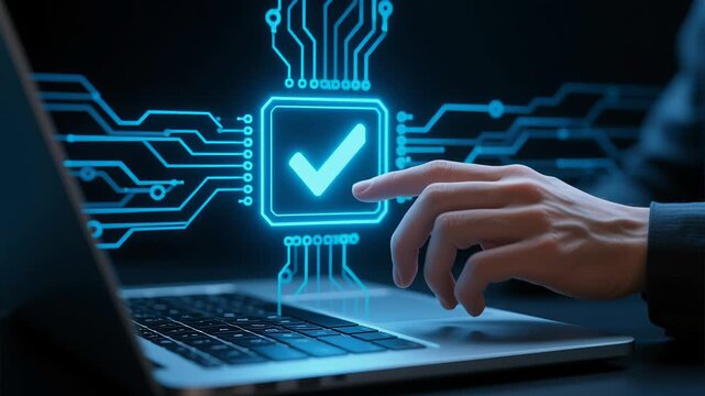 AI driven checklist audit compliance business performance monitoring task online survey services concept with hand pointing digital glowing checkmark icon laptop keyboard screen