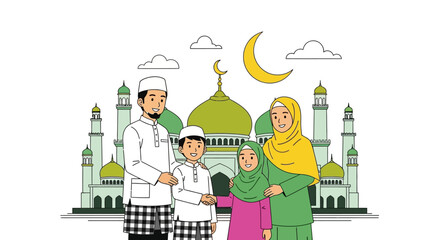 Flat Illustration Muslim Family Celebrating Eid with Mosque Background Design