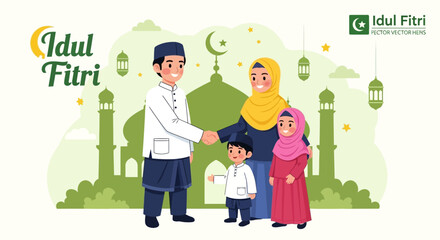 Cheerful Cartoon Illustration of Muslim Family Celebrating Islamic Eid Al Fitr