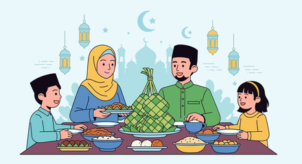 Cartoon Illustration of Happy Muslim Family Having Dinner Together at Home