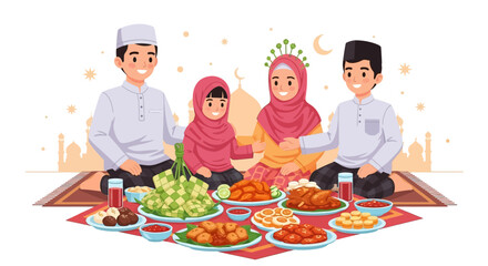 Festive Flat Illustration of Muslim Family Enjoying Eid al Fitr Meal