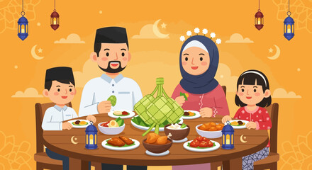 Cartoon Family Having Iftar Meal Together Illustration for Celebration Moment
