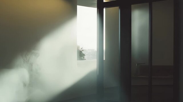 Smoke and mist slowly spreading across a minimalist, dimly lit interior room, creating an atmospheric scene with light rays streaming through a window and reflecting on the polished floor