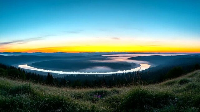 Serene Sunrise Over Winding River in Lush Landscape