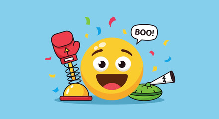 Cheerful Flat Style Emoji Celebration with Boxing Glove Surprise Toy Decoration