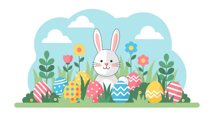 Flat Design Colorful Easter Bunny with Decorated Eggs and Flowers Illustration