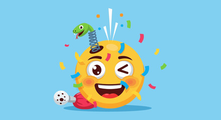 Flat Colorful Party Emoji with Spring Snake and Confetti Decoration Icon