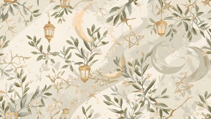 Fototapeta premium A serene and enchanting scene with moonlit lanterns and foliage, perfect for creating a calming atmosphere in home decor.