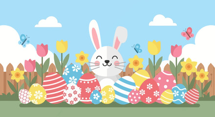 Flat Colorful Easter Egg and Bunny with Flower Garden Illustration