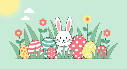Cute Flat Style Easter Illustration with Bunny and Decorated Egg