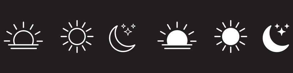 Time of the day icons showing morning sunrise, bright noon sun, evening sunset, and night moon with stars representing daily cycle, weather, astronomy, calendar, and environment concept © Daishin