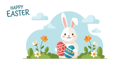 Cute Cartoon Easter Bunny Holding Decorated Eggs Holiday Celebration Illustration