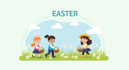 Cheerful Flat Illustration of Children Collecting Easter Eggs in Basket