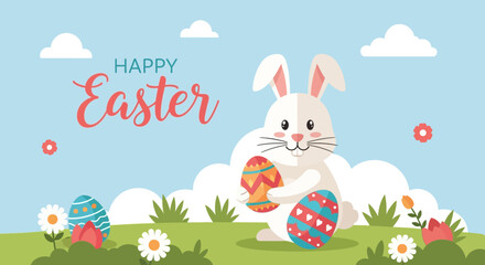 Cute Flat Easter Bunny and Decorated Egg Illustration Graphic Element
