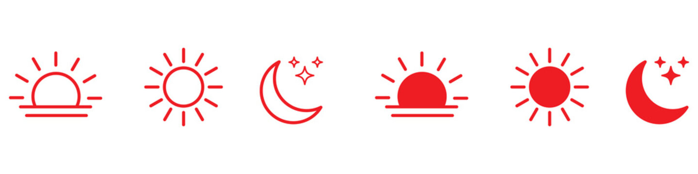 Time of the day icons showing morning sunrise, bright noon sun, evening sunset, and night moon with stars representing daily cycle, weather, astronomy, calendar, and environment concept