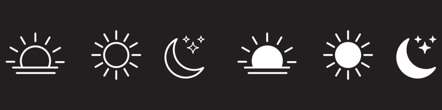Time of the day icons showing morning sunrise, bright noon sun, evening sunset, and night moon with stars representing daily cycle, weather, astronomy, calendar, and environment concept