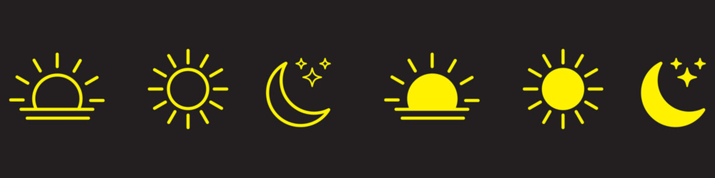 Time of the day icons showing morning sunrise, bright noon sun, evening sunset, and night moon with stars representing daily cycle, weather, astronomy, calendar, and environment concept