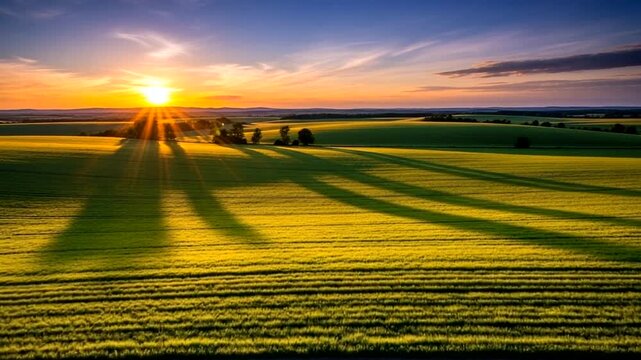 Serene Sunset Over Lush Green Fields with Shadows