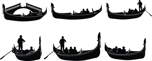 Venetian gondola silhouettes with gondolier and passengers, traditional Italy water transport, black vector illustration set on white background © Ideasy Mind