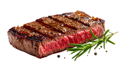 Close-up of a perfectly grilled steak, cut to show the juicy interior, with herbs