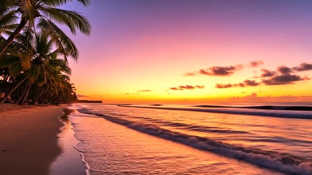 Serene Sunset Over Tranquil Beach with Palm Trees