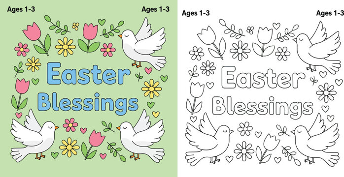 Cute Easter Blessings coloring page for toddlers ages 1-3 with white doves tulips and daisies vector illustration for kids activity book