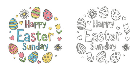 Happy Easter Sunday greeting card and coloring page vector illustration with decorative eggs flowers and hearts in circular wreath design © SHOHAG