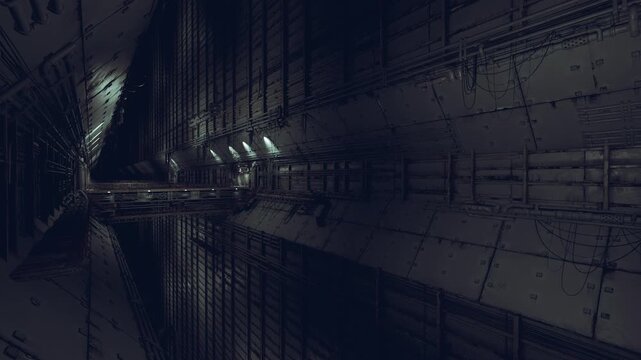 narrow submarine bulkhead corridor with riveted panels, dim porthole glow, maintenance ladder and sealed hatch indicating naval engineering environment