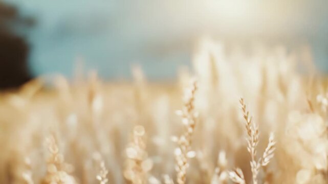 Golden grass anthers standing tall in a field, catching warm soft sunlight, creating a tranquil and natural background representing nature, growth and calmness