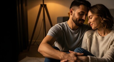 Obraz premium A loving couple sharing a tender moment at home under cozy lamp lighting, symbolizing deep connection and an enduring love concept.