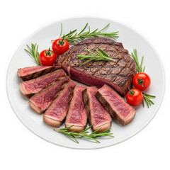 Sliced beef steak with garnish isolated on white background