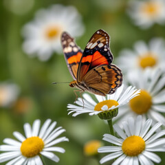 Fototapeta premium Orange and black butterfly landing on white daisies in sunny meadow with soft bokeh background