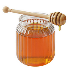 Honey jar with dipper isolated on white background