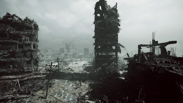 Overcast shattered skyline broken tower silhouette, foreground rooftop vantage overlooks ruined metropolis, rusted beams and piled debris frame distant horizon,