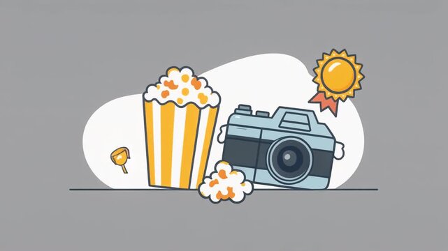 Nostalgic Memories: Flat Illustration of Vintage Camera and Popcorn for Retro Movie Nights