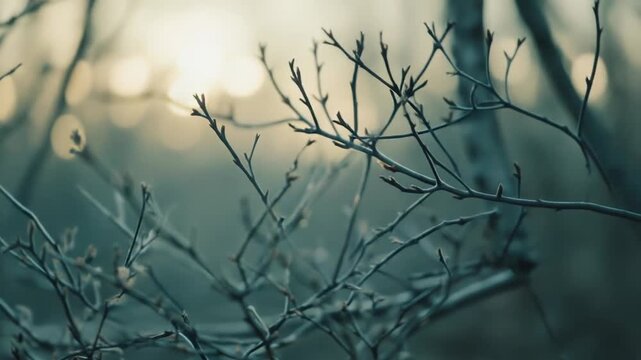 Bare tree branches with tiny buds emerging, presenting concepts of new beginnings and natural renewal against a soft, out of focus background with warm sunlit bokeh