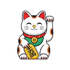 Illustration of a Maneki Neko cat with raised paw holding a gold coin symbolizing good fortune and prosperity in Japanese culture